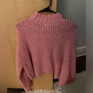 Pink chunky knit sweater. Mock neck cozy sweater